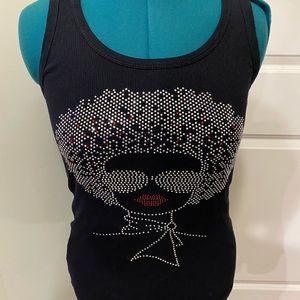 Large black tank top with studded Afro lady in sunglasses design, EUC